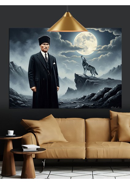 Ay Işığında Kurt ve Atatürk Dekoratif Kanvas - Mdf Ahşap Tablo indirimleri