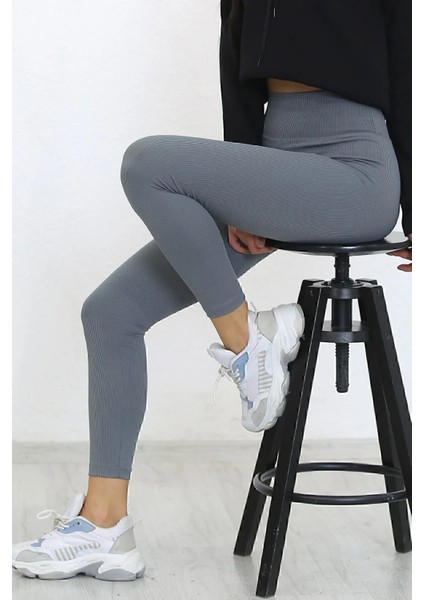 Gri Fitilli Tayt, Toparlayıcı Yüksek Bel Fitilli Çizgili Spor Günlük Kadın Tayt