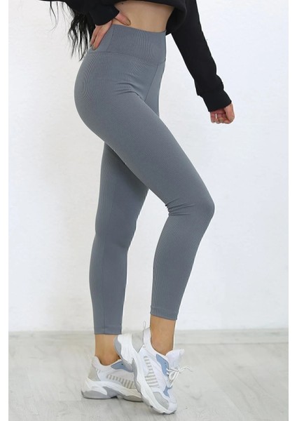 Gri Fitilli Tayt, Toparlayıcı Yüksek Bel Fitilli Çizgili Spor Günlük Kadın Tayt modelleri