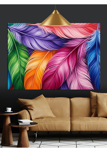 Canlı Renkli Tüyler Desenli Dekoratif Kanvas - Mdf Ahşap Tablo