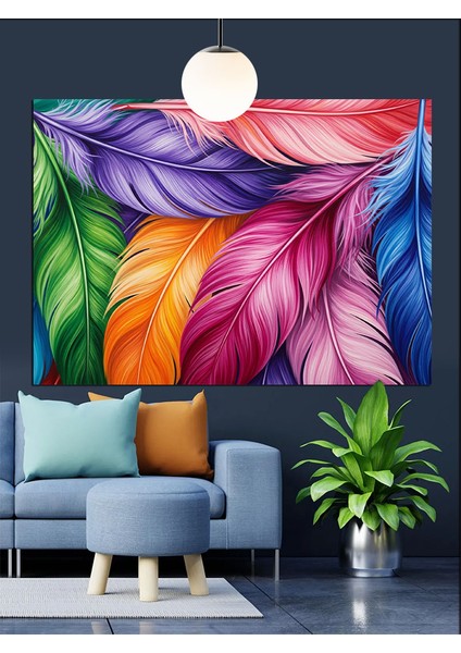 Canlı Renkli Tüyler Desenli Dekoratif Kanvas - Mdf Ahşap Tablo indirimleri