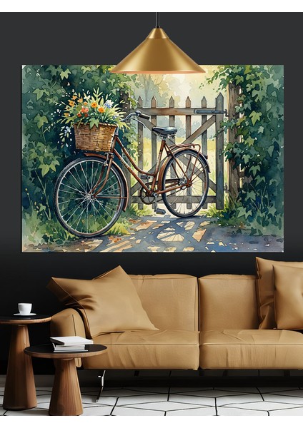 Eski Bisiklet Çiçekli Bahçe Dekoratif Kanvas - Mdf Ahşap Tablo