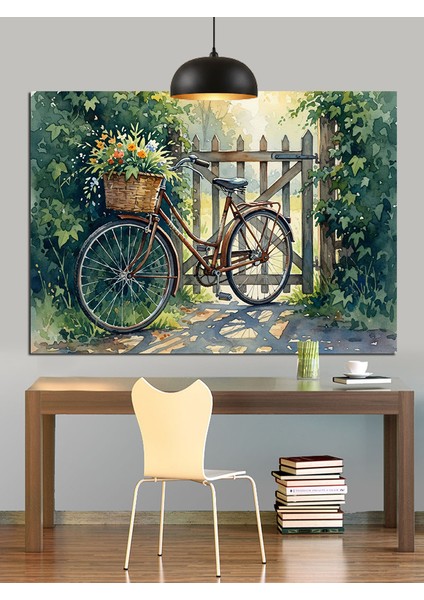 Eski Bisiklet Çiçekli Bahçe Dekoratif Kanvas - Mdf Ahşap Tablo fırsatları
