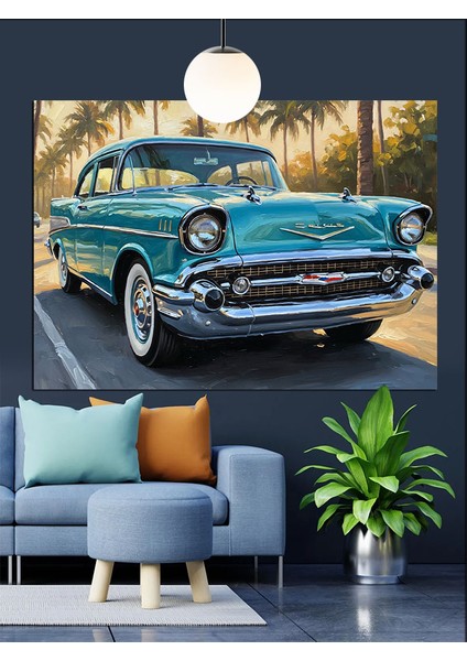 Klasik Mavi Araba Retro Dekoratif Kanvas - Mdf Ahşap Tablo modelleri