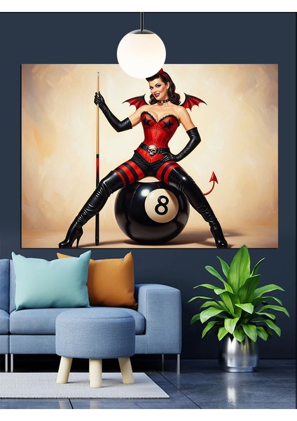 Bilardo Topu Pin-Up Kız Dekoratif Kanvas - Mdf Ahşap Tablo
