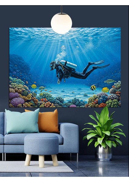 Deniz Altında Dalgıç ve Balık Dekoratif Kanvas - Mdf Ahşap Tablo modelleri