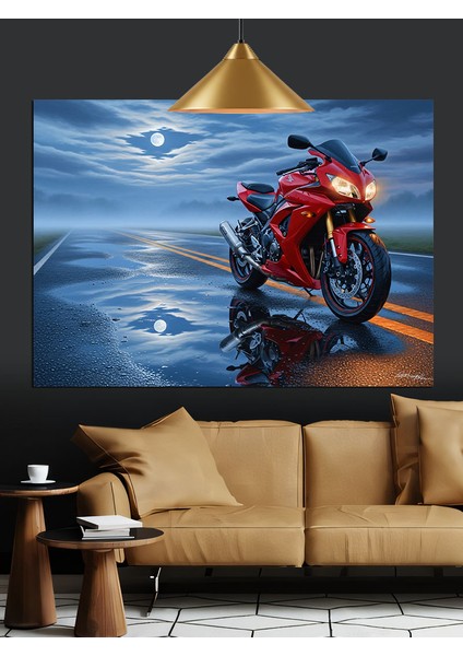 Kırmızı Motosiklet Gece Yolculuğu Dekoratif Kanvas - Mdf Ahşap Tablo