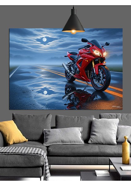 Kırmızı Motosiklet Gece Yolculuğu Dekoratif Kanvas - Mdf Ahşap Tablo fiyatları