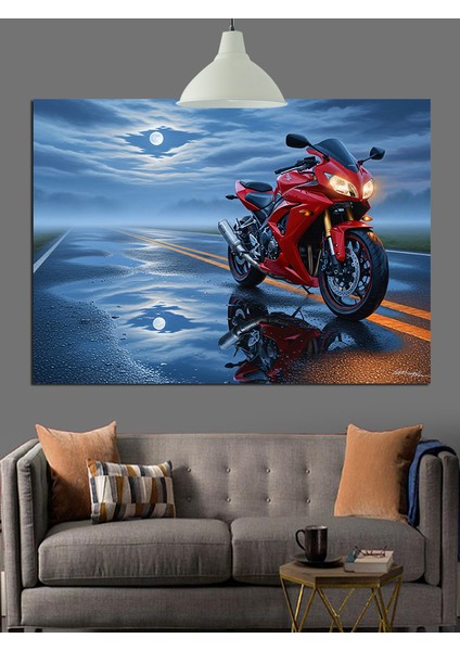 Kırmızı Motosiklet Gece Yolculuğu Dekoratif Kanvas - Mdf Ahşap Tablo modelleri