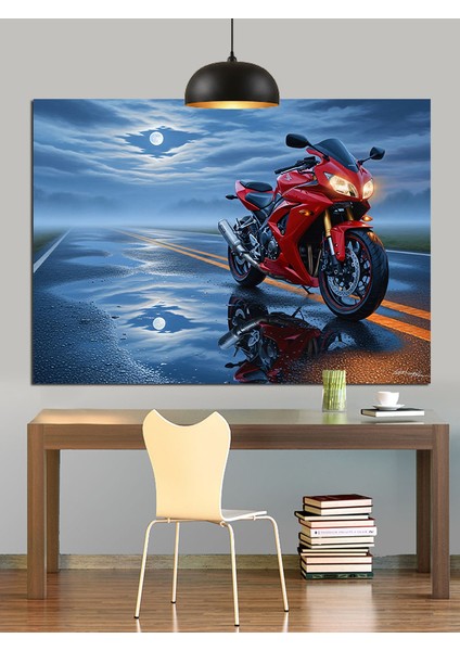 Kırmızı Motosiklet Gece Yolculuğu Dekoratif Kanvas - Mdf Ahşap Tablo fırsatları