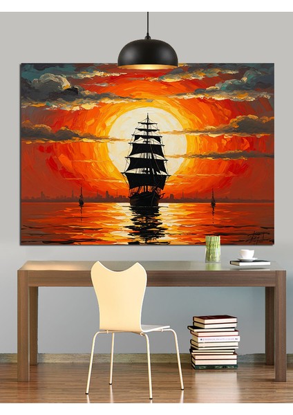 Yelkenli Gemi Gün Batımı Deniz Dekoratif Kanvas - Mdf Ahşap Tablo