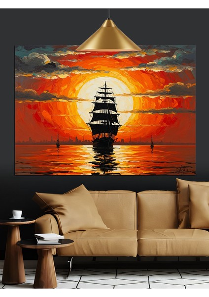 Yelkenli Gemi Gün Batımı Deniz Dekoratif Kanvas - Mdf Ahşap Tablo modelleri