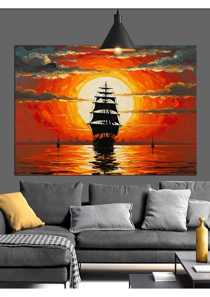 Yelkenli Gemi Gün Batımı Deniz Dekoratif Kanvas - Mdf Ahşap Tablo fırsatları