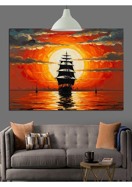 Yelkenli Gemi Gün Batımı Deniz Dekoratif Kanvas - Mdf Ahşap Tablo indirimleri