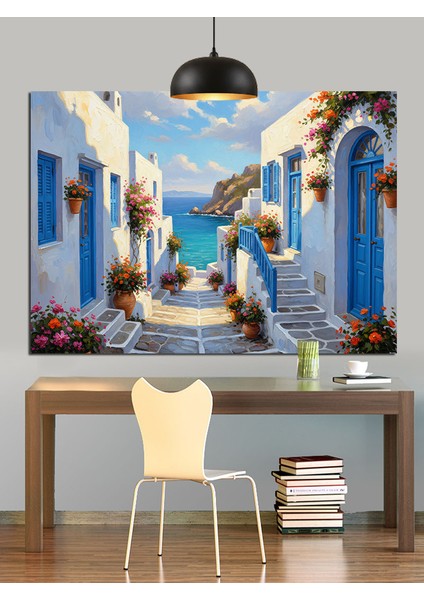 Beyaz ve Mavi Yunan Adası Manzarası Dekoratif Kanvas - Mdf Ahşap Tablo