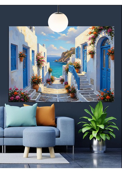 Beyaz ve Mavi Yunan Adası Manzarası Dekoratif Kanvas - Mdf Ahşap Tablo fiyatları