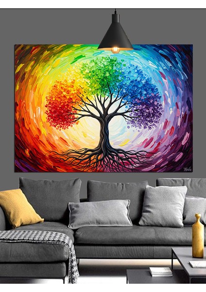 Gökkuşağı Renkli Hayat Ağacı Dekoratif Kanvas - Mdf Ahşap Tablo