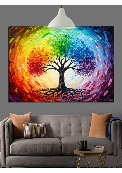 Gökkuşağı Renkli Hayat Ağacı Dekoratif Kanvas - Mdf Ahşap Tablo fiyatları