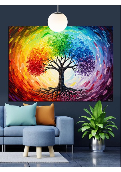 Gökkuşağı Renkli Hayat Ağacı Dekoratif Kanvas - Mdf Ahşap Tablo fırsatları