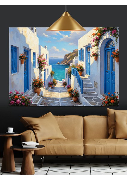 Beyaz ve Mavi Yunan Adası Manzarası Dekoratif Kanvas - Mdf Ahşap Tablo modelleri