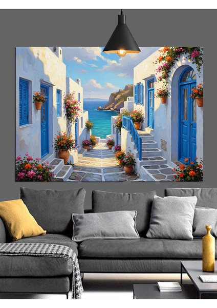Beyaz ve Mavi Yunan Adası Manzarası Dekoratif Kanvas - Mdf Ahşap Tablo fırsatları
