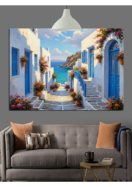 Beyaz ve Mavi Yunan Adası Manzarası Dekoratif Kanvas - Mdf Ahşap Tablo indirimleri