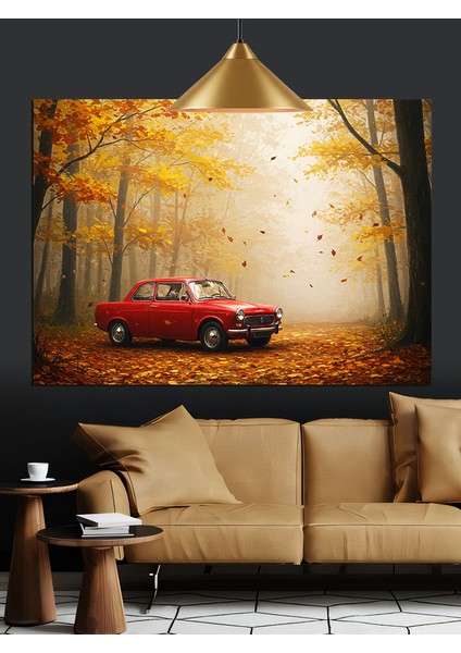 Sonbahar Kırmızı Araba Manzarası Dekoratif Kanvas - Mdf Ahşap Tablo