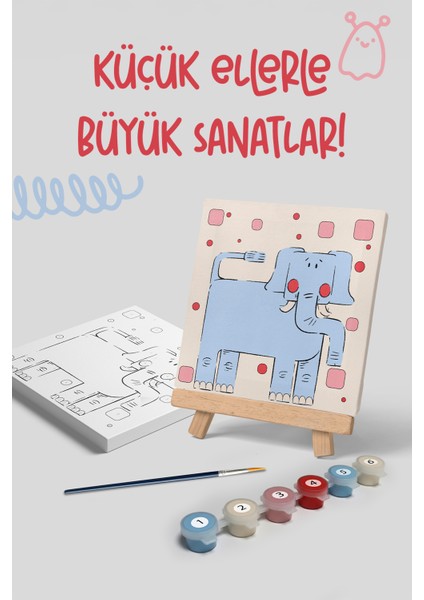 Fil Temalı Çocuk Tuval Boyama Seti | 20X20 Tuval + 6 Renk Akrilik Boya + Ahşap Şövale + Fırça