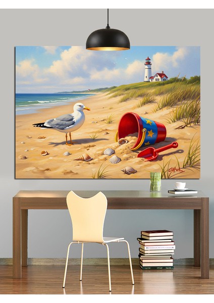 Kumsalda Martı ve Kum Oyuncakları Dekoratif Kanvas - Mdf Ahşap Tablo fiyatları