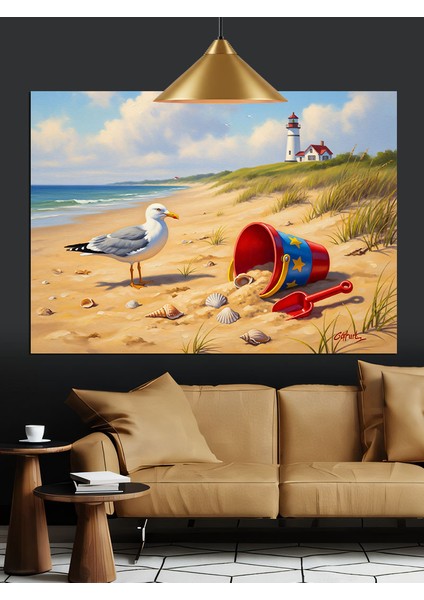 Kumsalda Martı ve Kum Oyuncakları Dekoratif Kanvas - Mdf Ahşap Tablo fırsatları