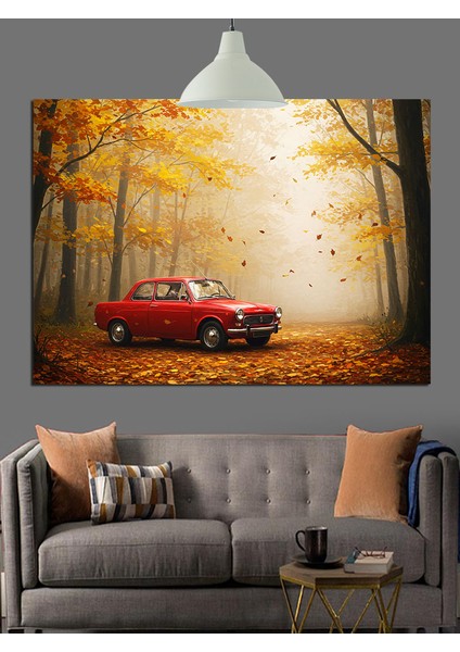 Sonbahar Kırmızı Araba Manzarası Dekoratif Kanvas - Mdf Ahşap Tablo modelleri