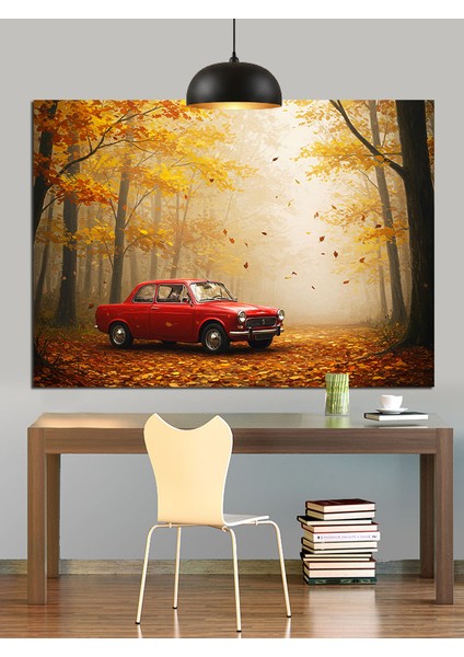 Sonbahar Kırmızı Araba Manzarası Dekoratif Kanvas - Mdf Ahşap Tablo fırsatları