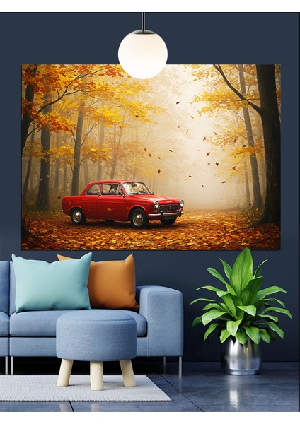 Sonbahar Kırmızı Araba Manzarası Dekoratif Kanvas - Mdf Ahşap Tablo indirimleri