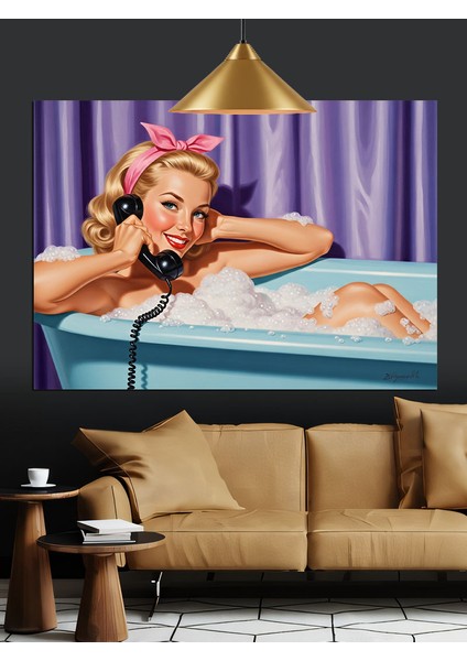 Pin-Up Kadın Küvet Banyo Dekoratif Kanvas - Mdf Ahşap Tablo