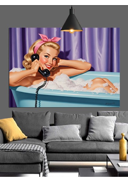 Pin-Up Kadın Küvet Banyo Dekoratif Kanvas - Mdf Ahşap Tablo fiyatları
