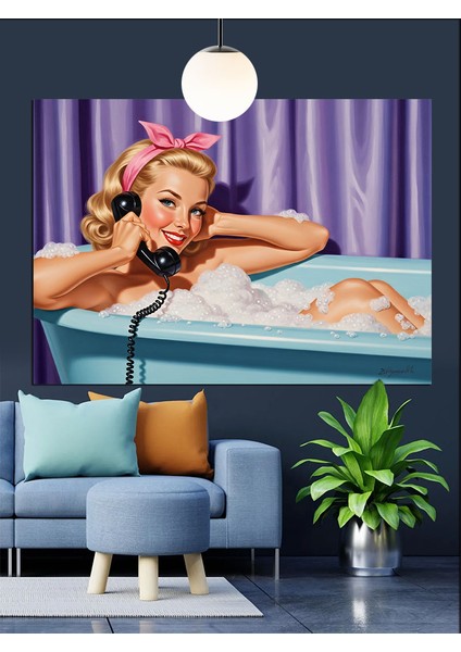 Pin-Up Kadın Küvet Banyo Dekoratif Kanvas - Mdf Ahşap Tablo indirimleri