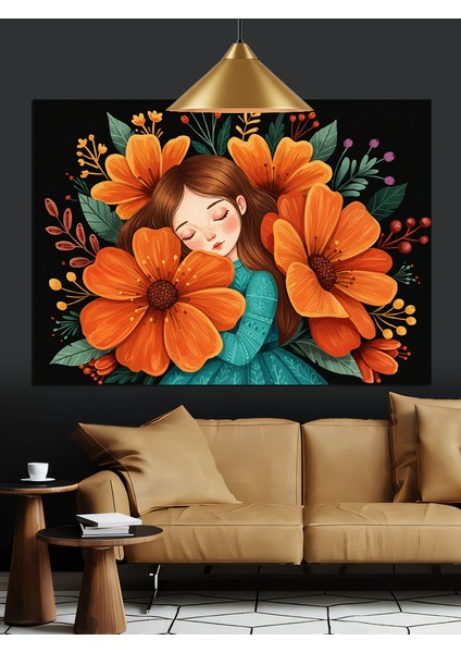 Uyuyan Çocuk ve Turuncu Çiçek Dekoratif Kanvas - Mdf Ahşap Tablo