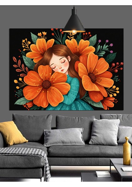 Uyuyan Çocuk ve Turuncu Çiçek Dekoratif Kanvas - Mdf Ahşap Tablo fiyatları