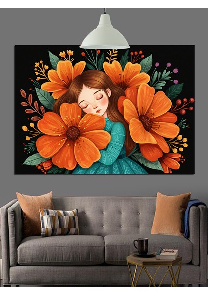 Uyuyan Çocuk ve Turuncu Çiçek Dekoratif Kanvas - Mdf Ahşap Tablo modelleri