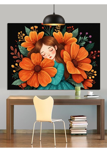 Uyuyan Çocuk ve Turuncu Çiçek Dekoratif Kanvas - Mdf Ahşap Tablo fırsatları