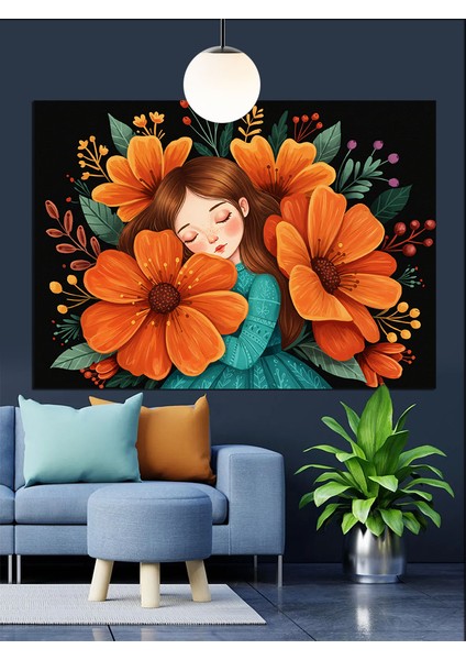 Uyuyan Çocuk ve Turuncu Çiçek Dekoratif Kanvas - Mdf Ahşap Tablo indirimleri