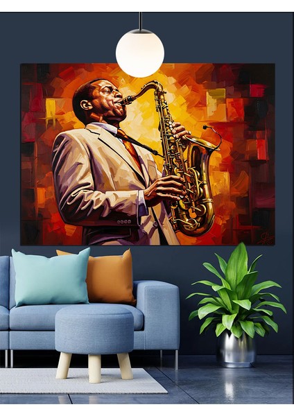 Saksafon Çalan Adam Silüeti Dekoratif Kanvas - Mdf Ahşap Tablo