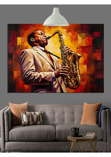 Saksafon Çalan Adam Silüeti Dekoratif Kanvas - Mdf Ahşap Tablo fırsatları