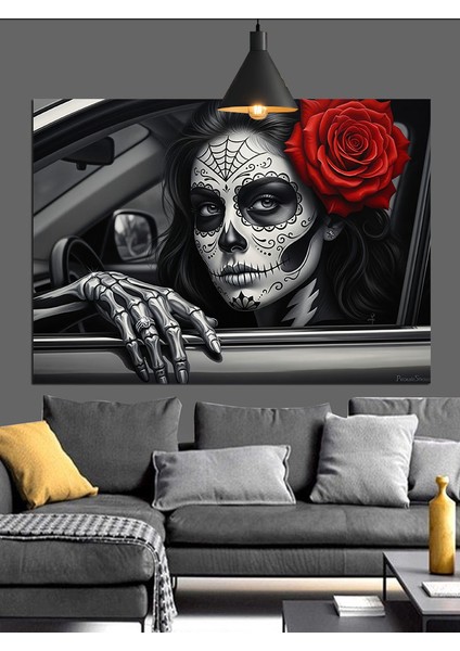 Kırmızı Gül ve Dövmeli Zombi Kadın Dekoratif Kanvas - Mdf Ahşap Tablo