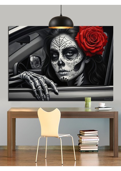 Kırmızı Gül ve Dövmeli Zombi Kadın Dekoratif Kanvas - Mdf Ahşap Tablo modelleri