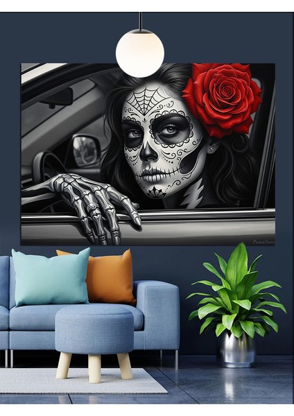 Kırmızı Gül ve Dövmeli Zombi Kadın Dekoratif Kanvas - Mdf Ahşap Tablo fırsatları
