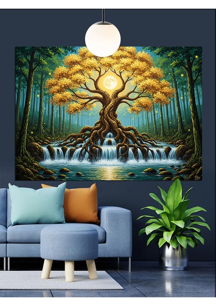 Hayat Ağacı Kökleri Gece Dekoratif Kanvas - Mdf Ahşap Tablo