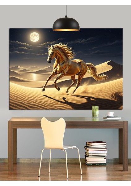 Ay Işığında Çölde Koşan Vahşi At Dekoratif Kanvas - Mdf Ahşap Tablo