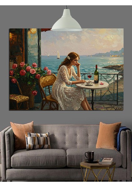 Denize Karşı Tek Başına Oturan Kadın Dekoratif Kanvas - Mdf Ahşap Tablo