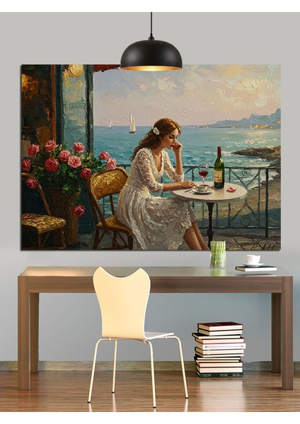 Denize Karşı Tek Başına Oturan Kadın Dekoratif Kanvas - Mdf Ahşap Tablo fiyatları